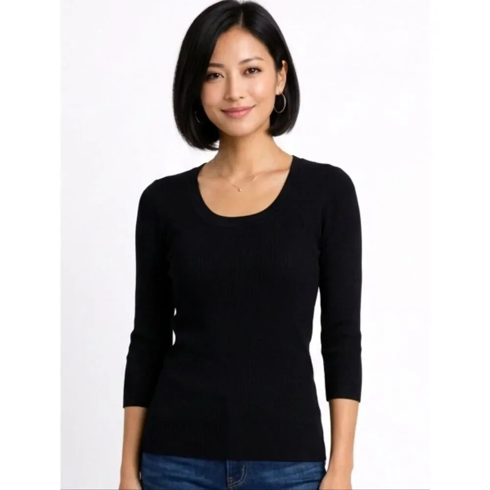 Joseph A. Black Ribbed Scoop Neck 3/4 Seeve Sweater Size M